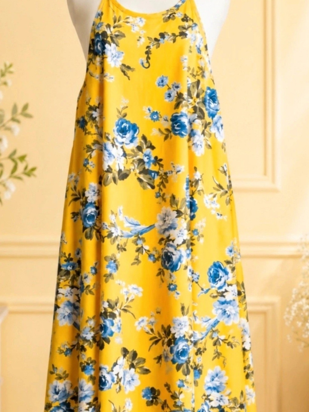NWT French Grey Brushed Knit Yellow Maxi Dress with Blue Floral Print S - Picture 2 of 7